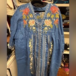 Johnny Was Blue Kaftan Dress (Small Flaw- XL)